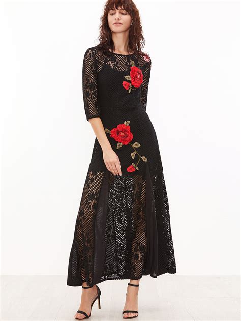 Black Long Embroidered Crochet Dress 